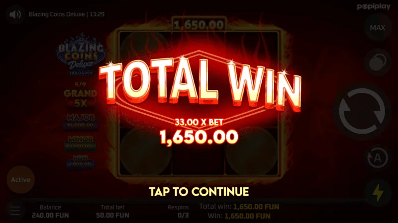 Blazing Coins Deluxe re-spin samlet gevinst